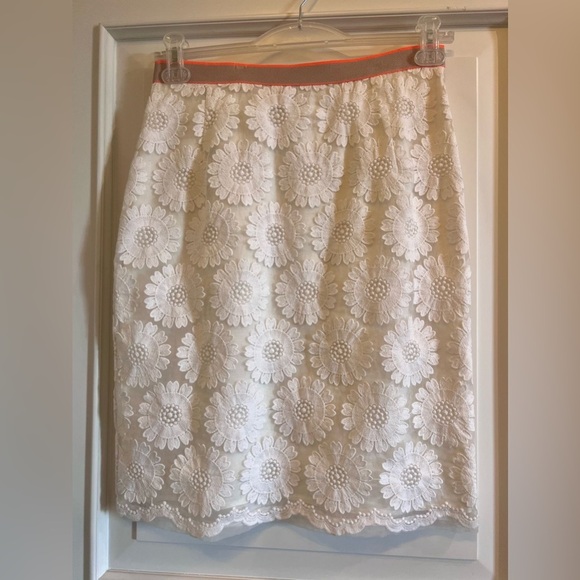 Cream Embellished Knee-Length Pencil Skirt with orange elastic band - Picture 1 of 6